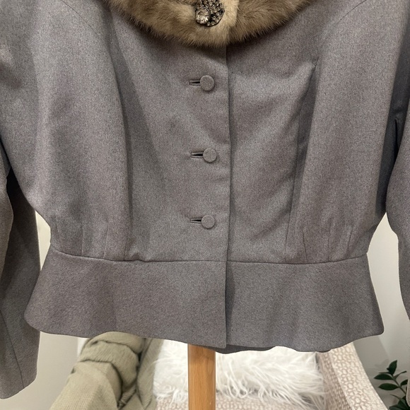 Vintage Frances Shop Gray Wool Suit Set Real Mink Fur Collar Jacket & Skirt S - Picture 6 of 16